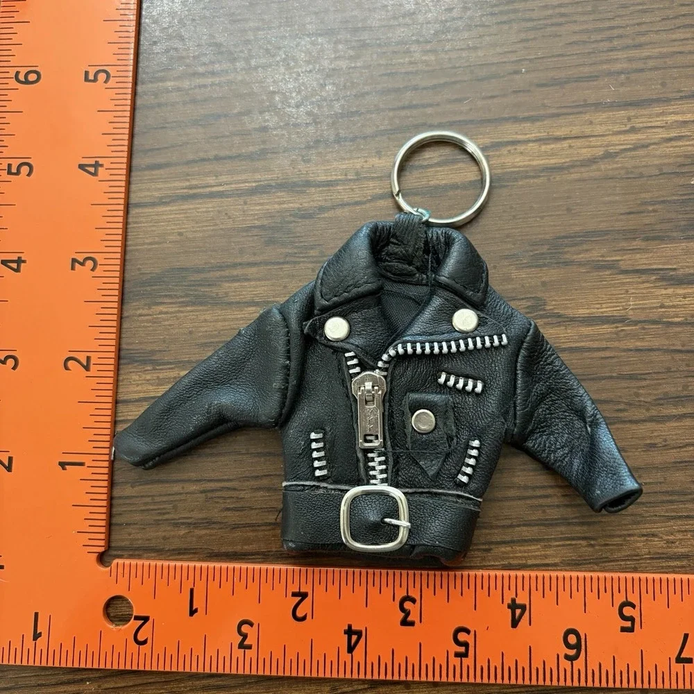 Vintage 80s Mini Black Leather Jacket Keychain Purse Charm Punk Rock Biker